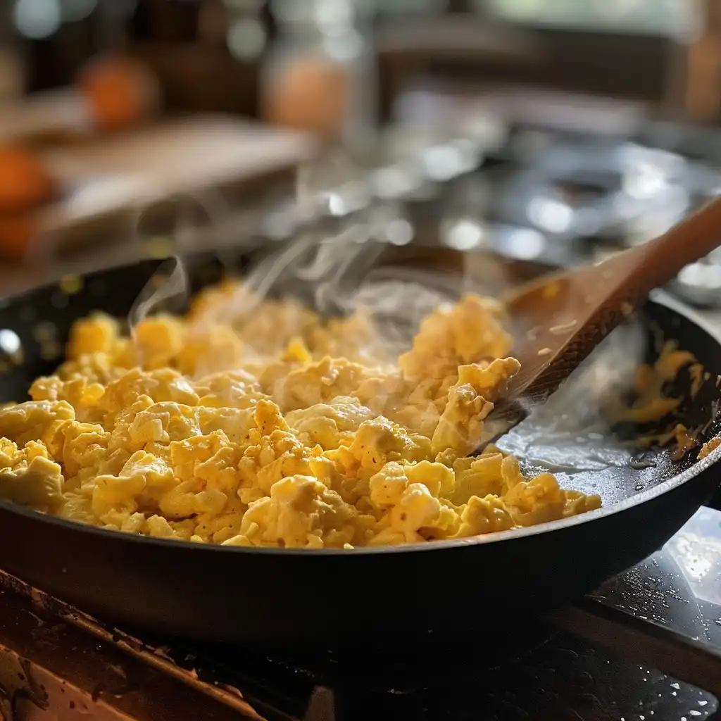 Scrambling eggs with olive oil and turmeric for egg toast recipe for memory loss