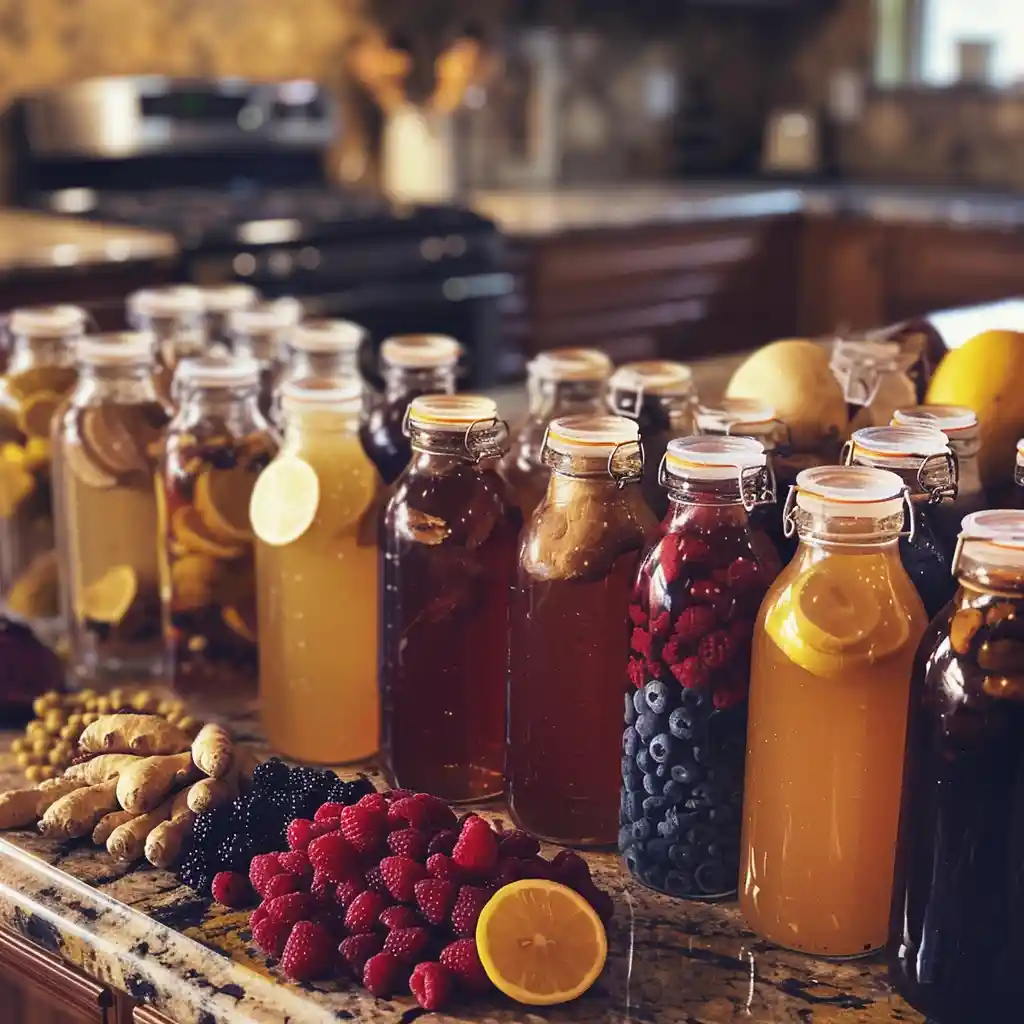 Second fermentation—funneling kombucha into flip-top bottles with ginger, berries, and citrus peel