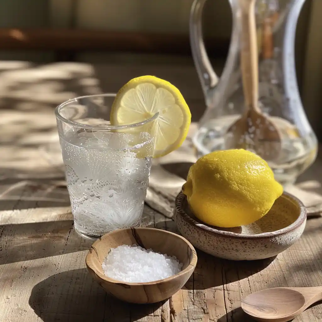 Served lemon–salt water with condensation and a lemon wheel, Celtic salt bowl and wooden spoon beside it