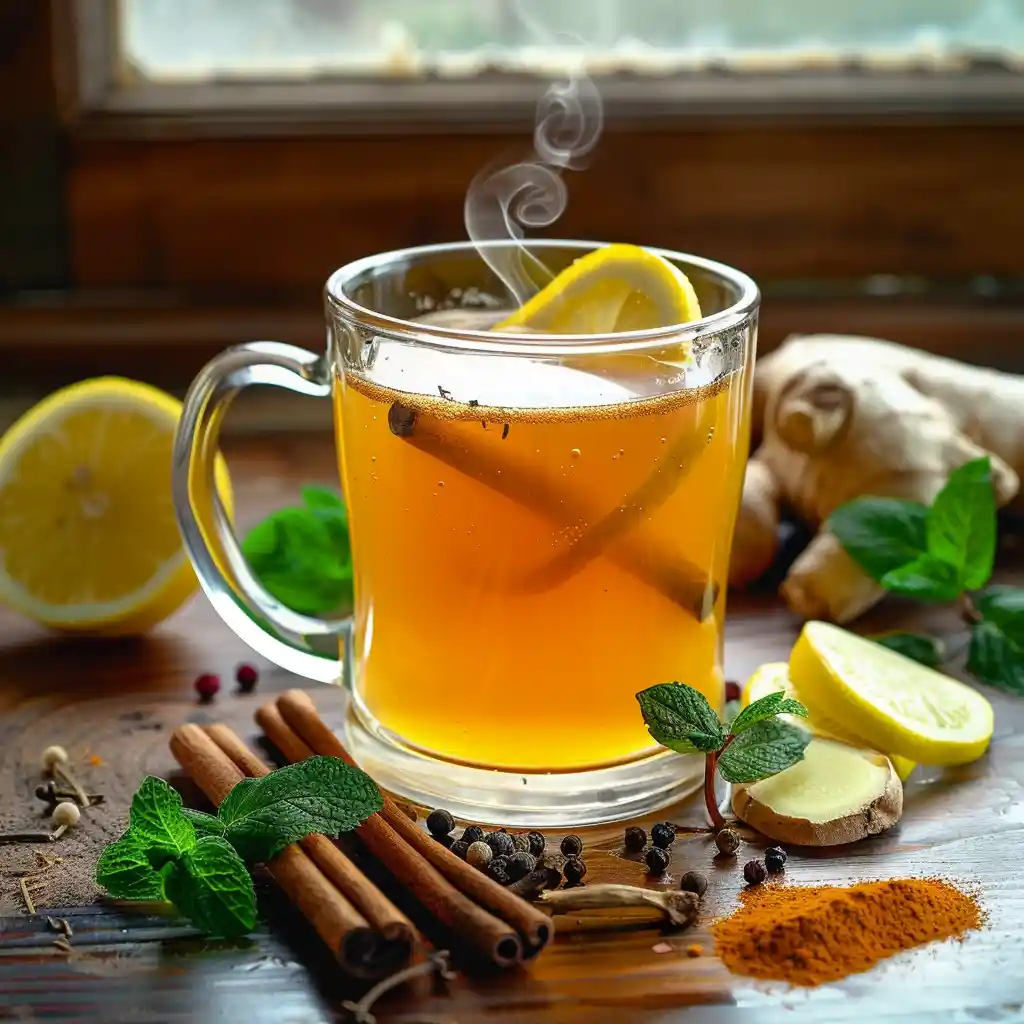Served spice tea with lemon wheel and mint sprig, honey dipper and cinnamon garnish visible