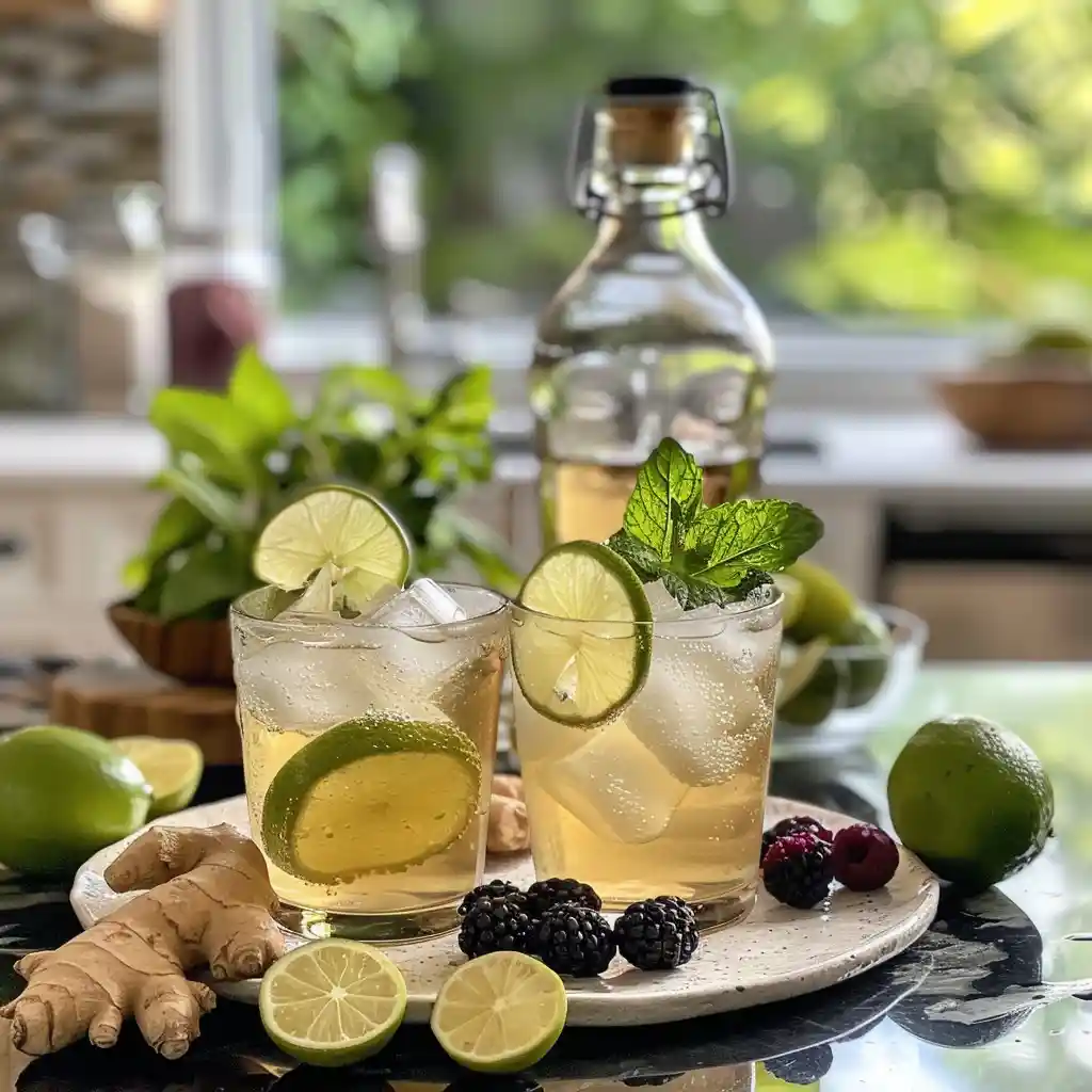 Serving glasses of probiotic soda over ice with lime wheels and fresh mint beside a swing-top bottle
