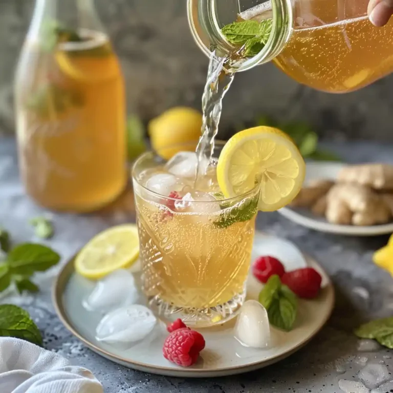 Serving kombucha over ice with lemon and mint, bottle in background