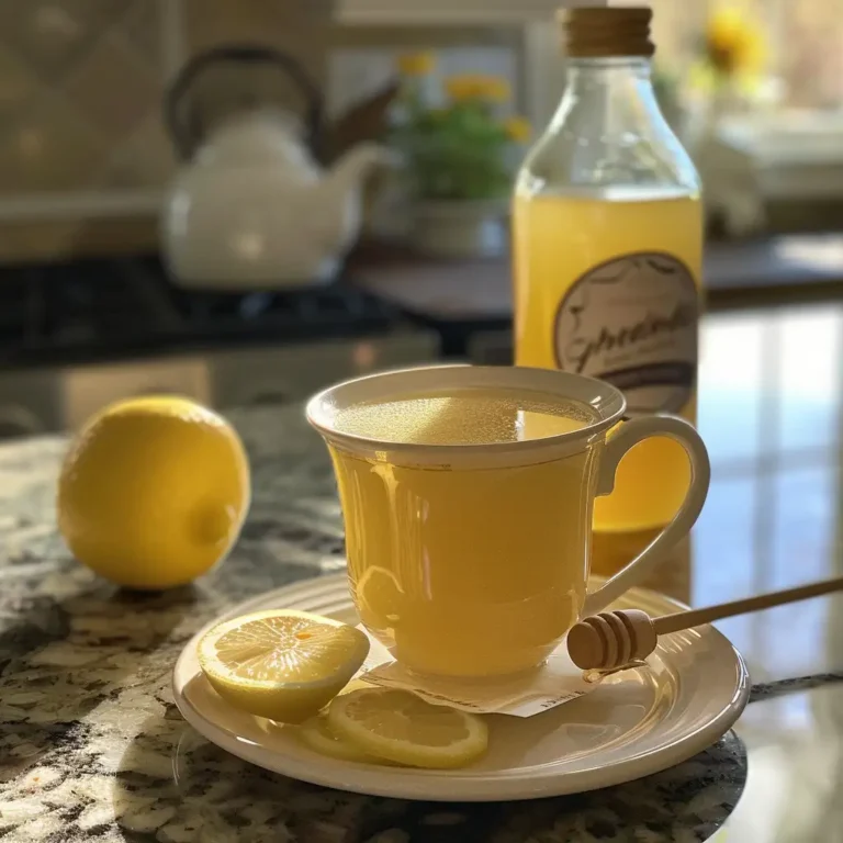 Serving suggestion for the gelatin trick drink with lemon slice and honey teaspoon on a small plate