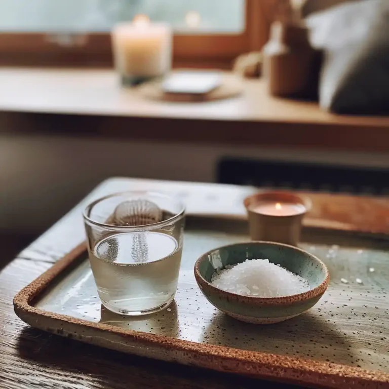 Serving suggestion for the Celtic Salt Trick—salt pinch on saucer with a small glass of water on a wooden tray, candle and sleep mask in the background