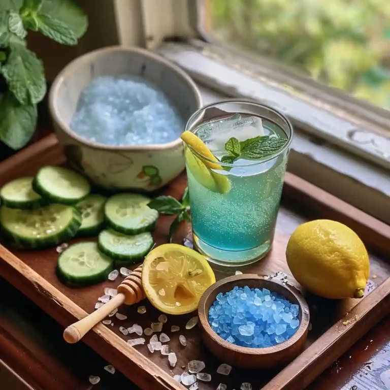 Serving suggestion for the blue salt trick – glass on a wooden tray with lemon and honey