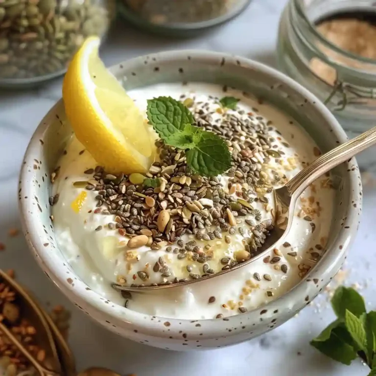 Serving suggestion of bariatric seed mix over plain yogurt with lemon and mint