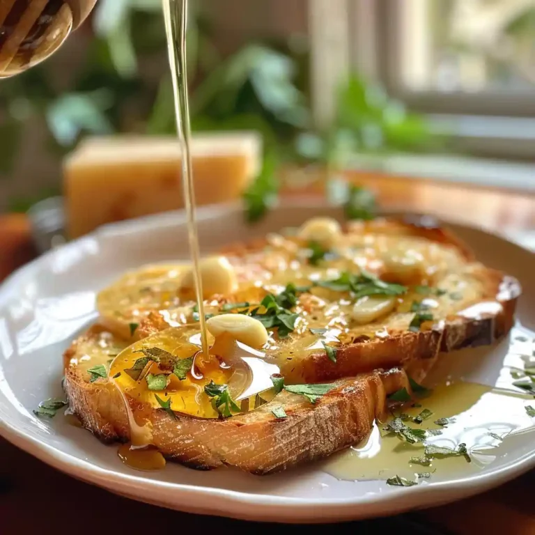 Serving suggestion of fermented garlic honey drizzled over sourdough toast with a soft garlic clove