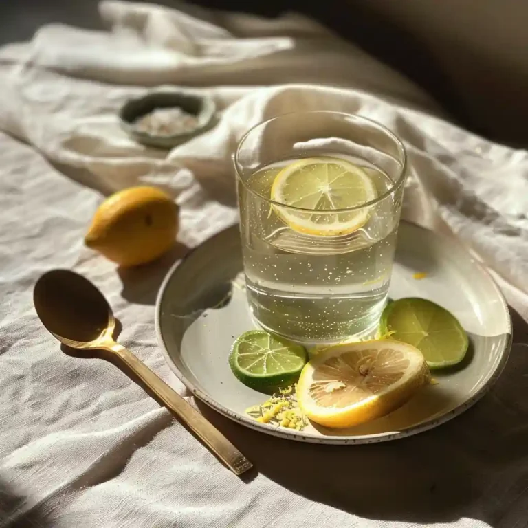 Serving suggestion of the detox drink in a clear glass with lemon wheel, floating zest, and a small plate of citrus slices and pink salt