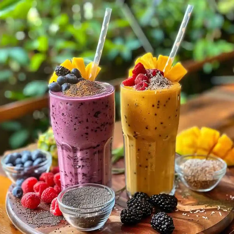 Serving suggestion of two chia smoothies—tropical mango-pineapple and mixed berry—with chia sprinkle and toasted coconut