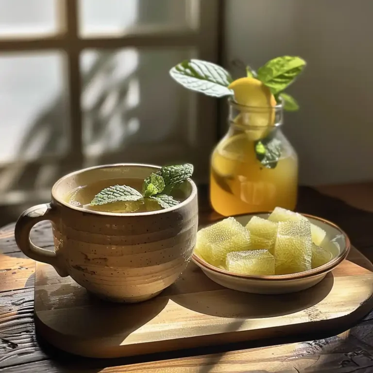 Serving suggestions for the gelatin trick—warm mug and chilled soft-gel cubes with lemon and mint