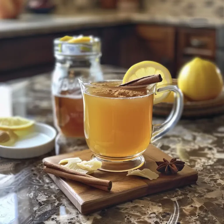 Serving suggestion—apple cider gelatin drink with cinnamon stick and lemon slice