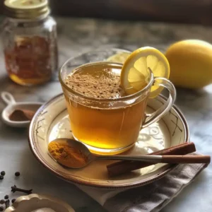 Serving suggestion—glass mug of honey memory blend on a plate with a teaspoon and lemon wheel
