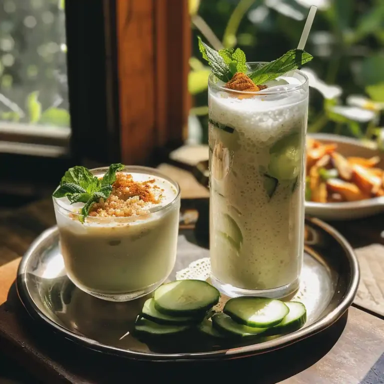 Serving tray with kefir and salty lassi garnished with mint, cucumber, and a sprinkle of cardamom