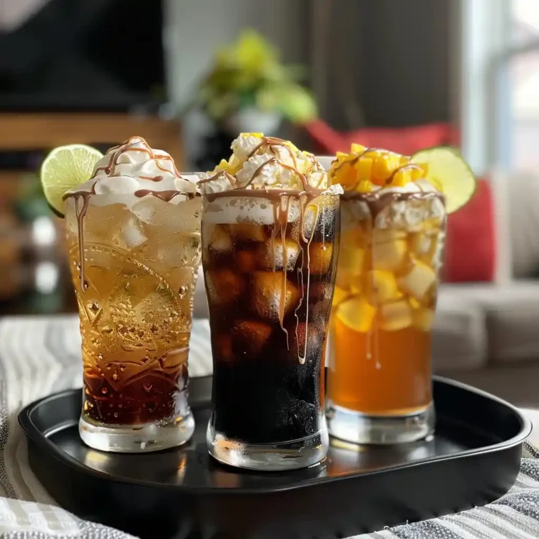 Serving trio of dirty sodas on a tray for movie night with visible ingredients in background