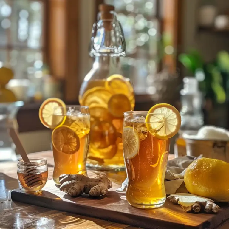 Serving two styles of fermented tea—amber kombucha and pale jun—with lemon, ginger, and honey