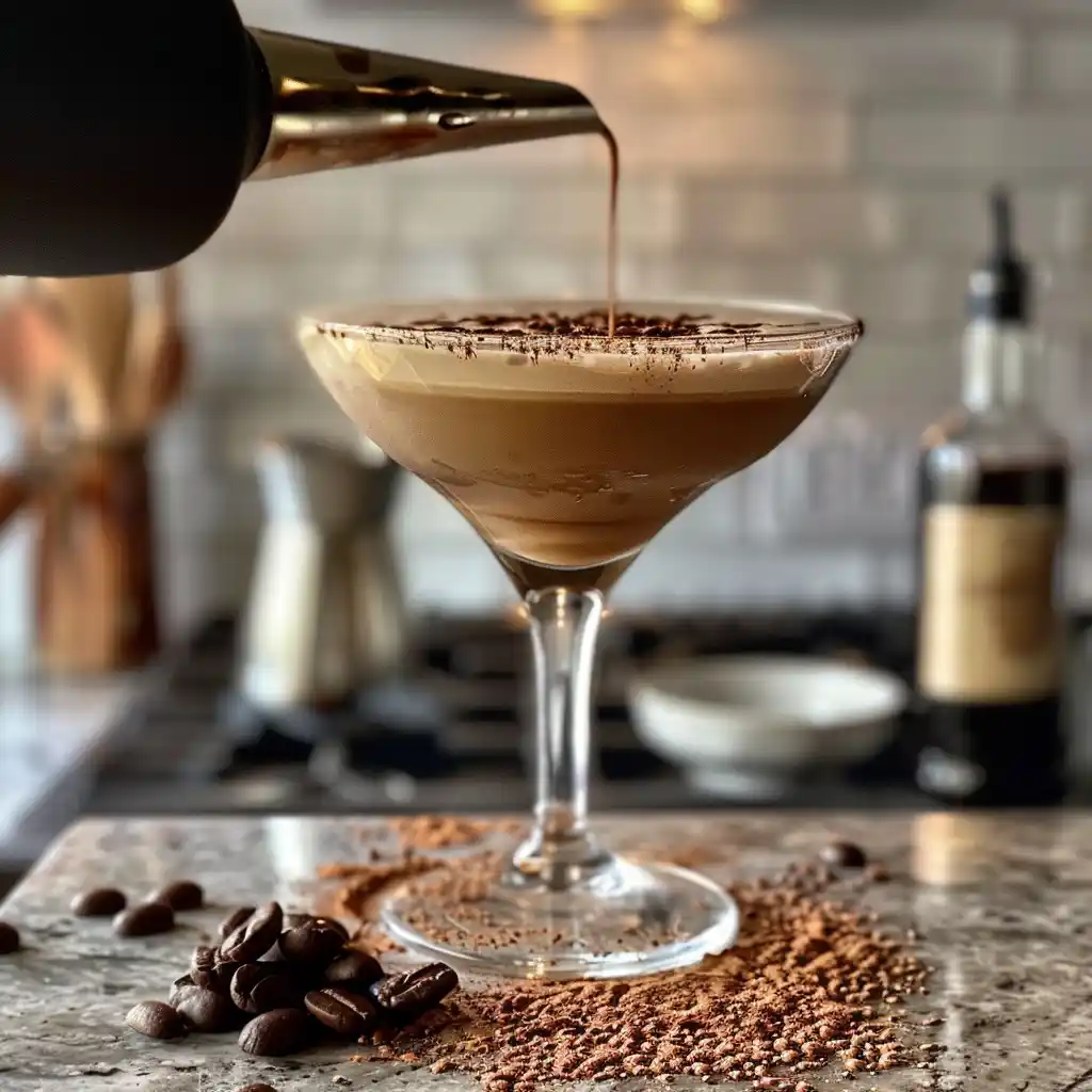 Shaking a cocktail shaker to build foam for a zero-proof espresso martini