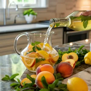 Slicing white peaches and citrus for sangria prep