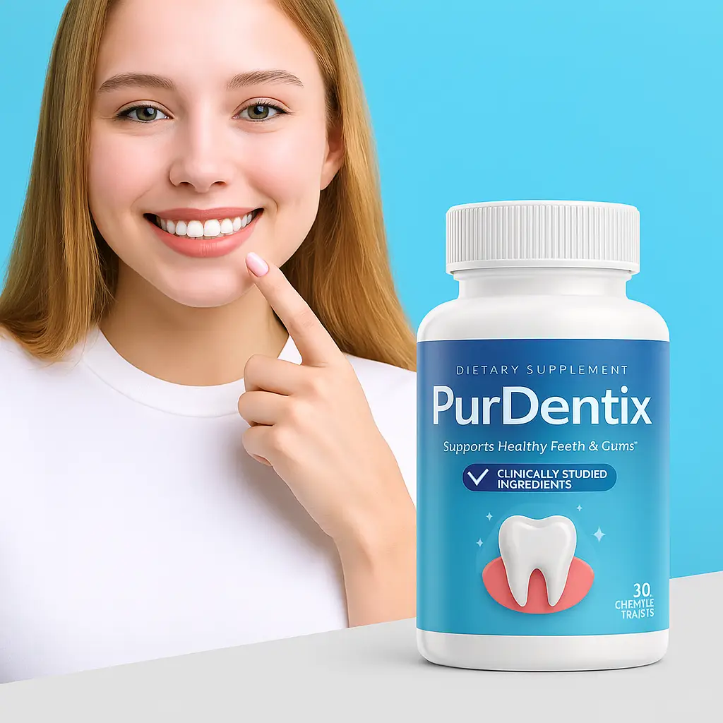 purdentix reviews - Smiling young woman pointing to her teeth next to a PurDentix bottle