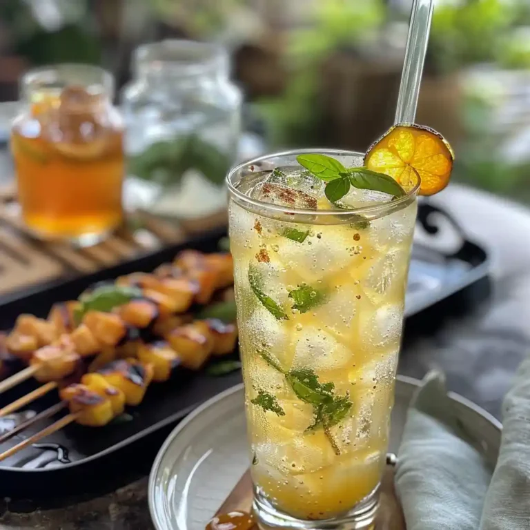 Sparkling calamansi cooler in a tall glass with basil and mint, fizzing over cracked ice