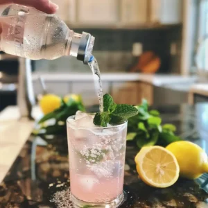 Sparkling water being poured into the glass of pink lotus concentrate and ice, bubbles rising to the top
