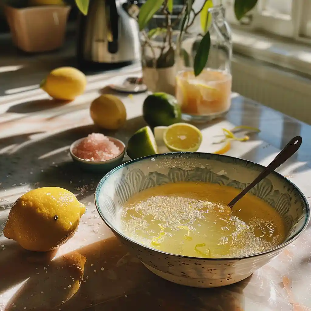 Spoon stirring the warm salty-citrus drink with visible zest strands and gentle steam