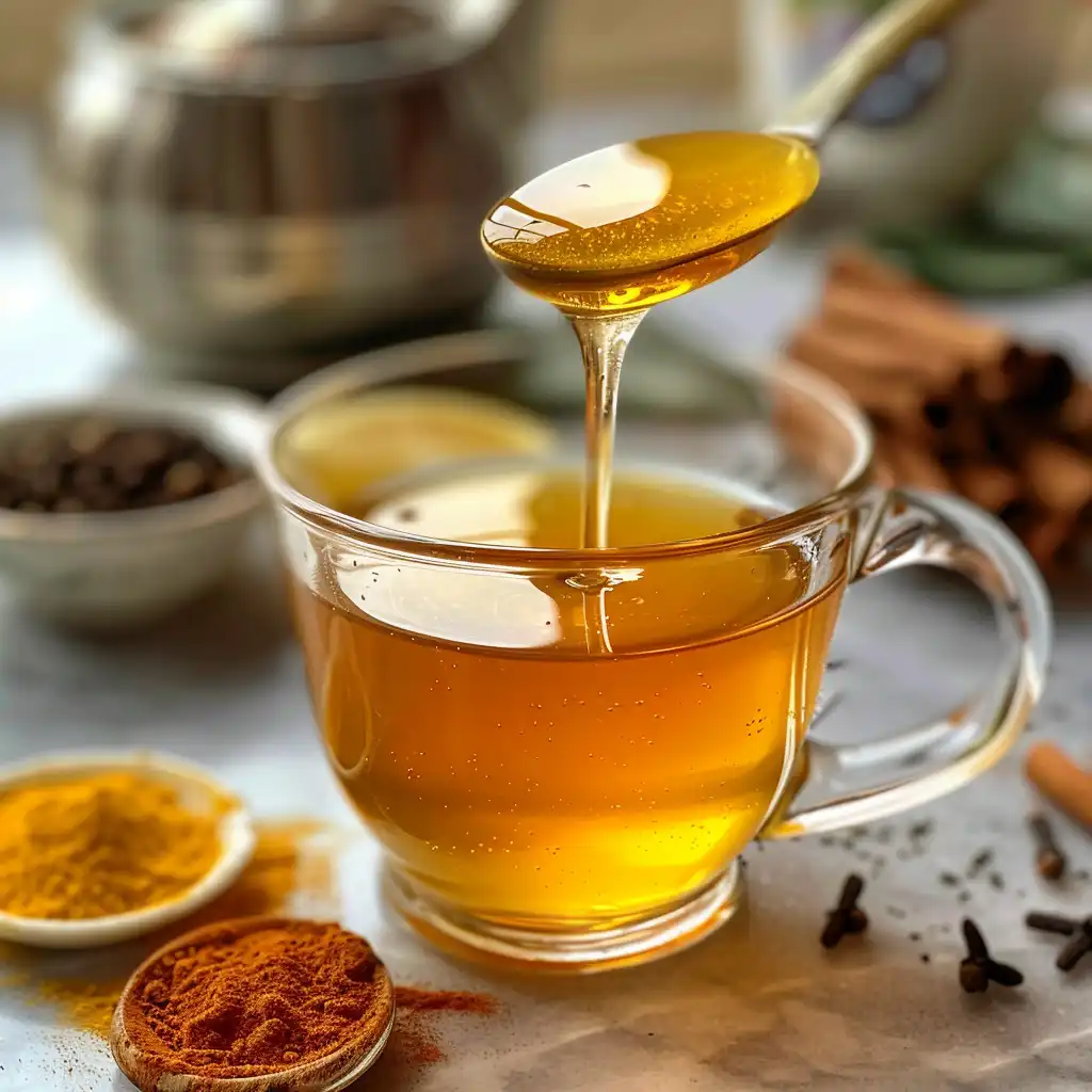 Spoonful of raw honey sliding into a clear mug to start the recipe