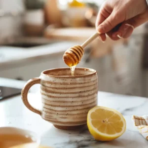 Squeezing lemon into a honey water drink