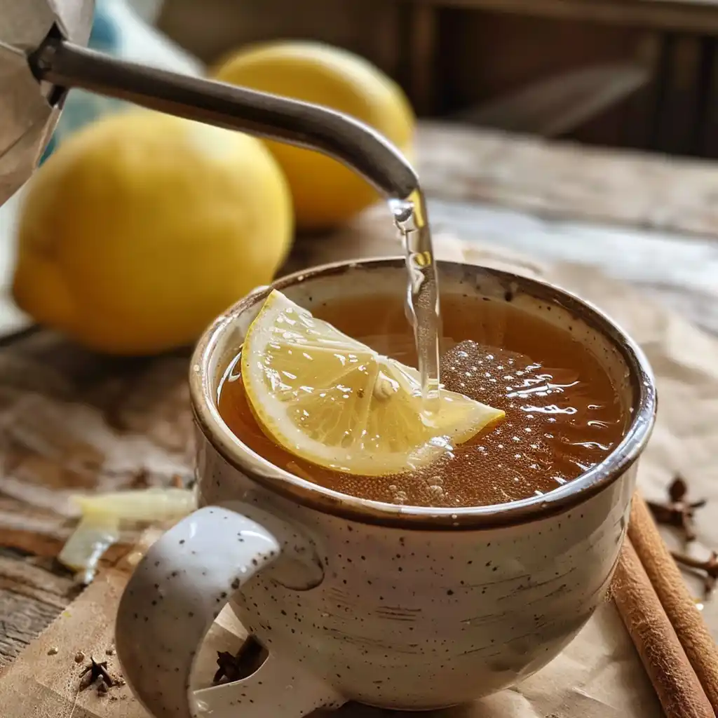 Squeezing lemon through a strainer while warm water is poured into the mug; steam visible