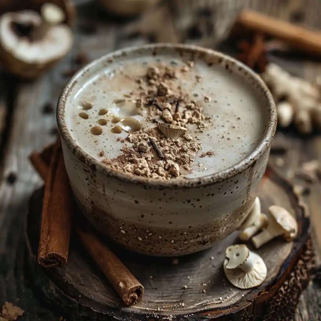 Steaming cup of Ryze mushroom coffee with cinnamon and oat milk on a rustic table