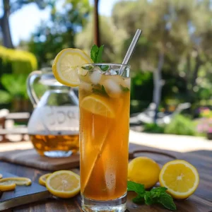 Steeping herbal tea with lemon and mint in a teapot