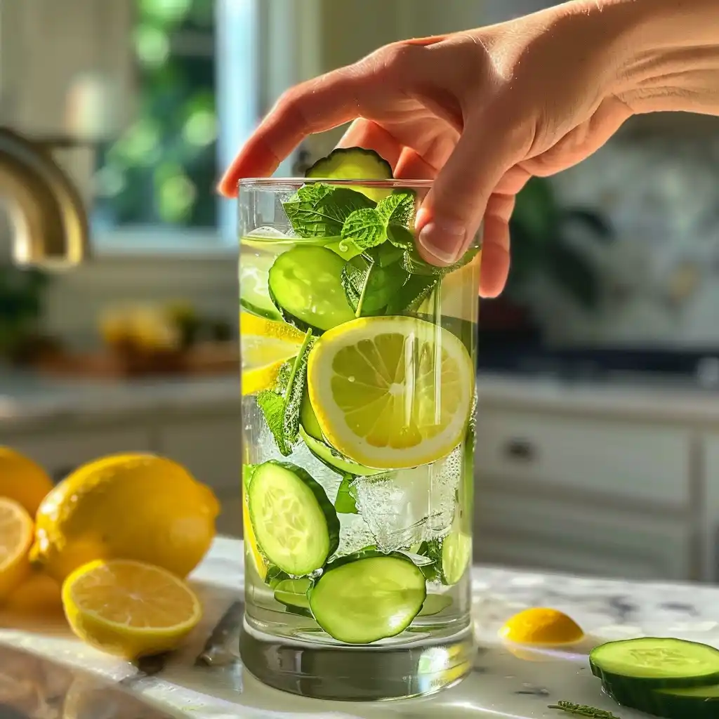Step-by-step process of making the 7 second ice water hack recipe with lemon, cucumber, and mint
