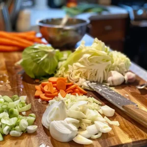 Stirring a pot of detox soup with cabbage, lentils, and vegetables visible