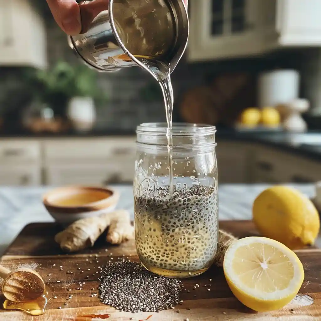 Stirring chia seeds into cold water in a mason jar to prevent clumping, with lemon and honey nearby