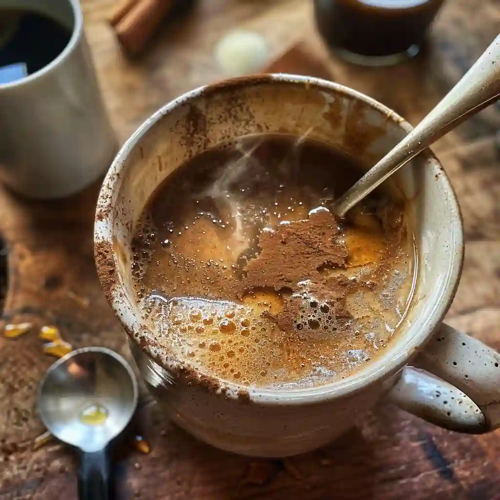 Stirring cinnamon, honey, and brown sugar syrup together in a mug before adding espresso