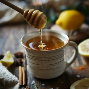 Stirring honey into warm water in a ceramic mug