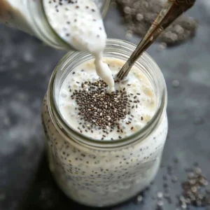 Stirring kefir drink with lemon, chia seeds, and cinnamon