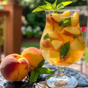 Stirring peach schnapps into sangria mix with mint leaves