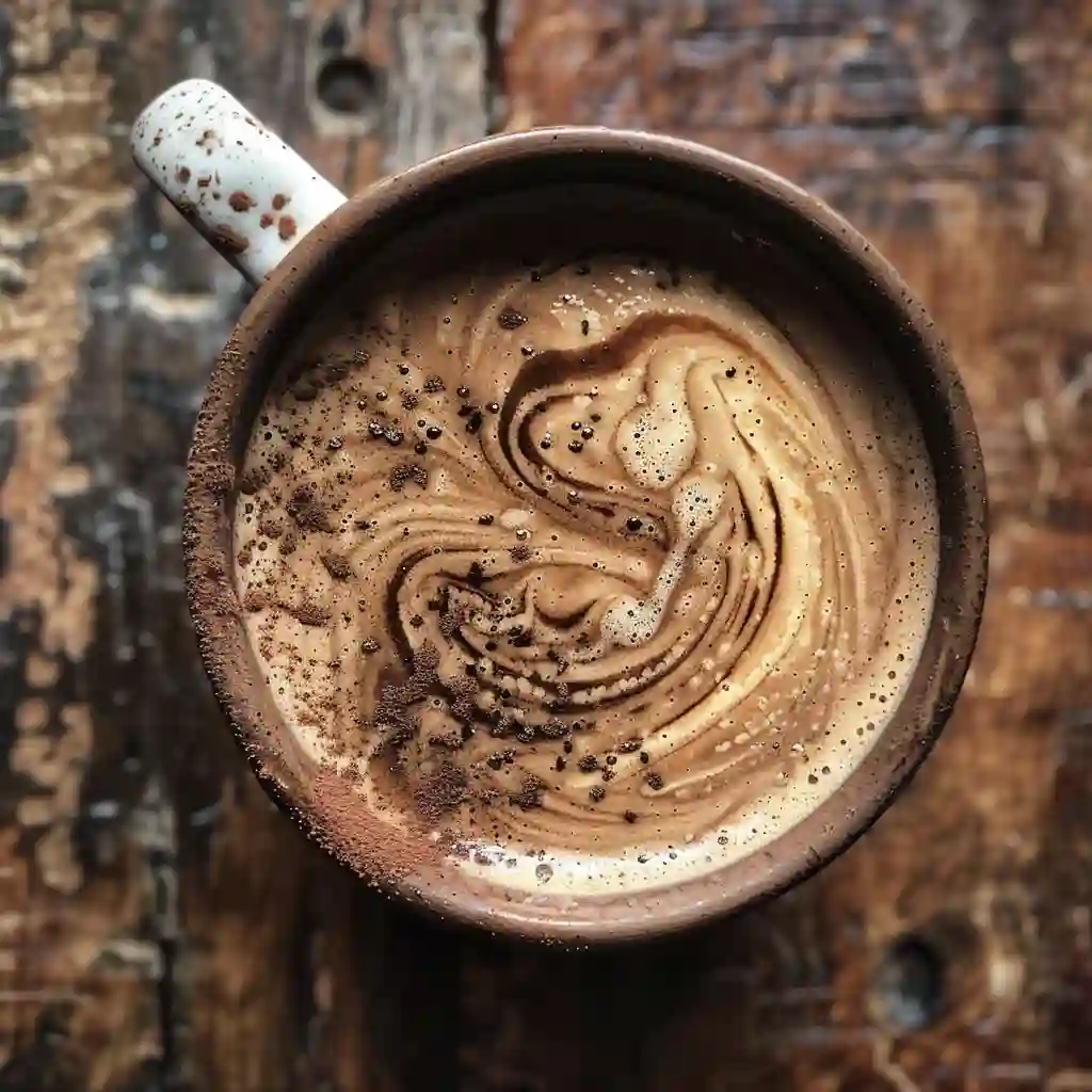 Stirring RYZE mushroom coffee with cacao and nutmeg for a cozy mocha variation