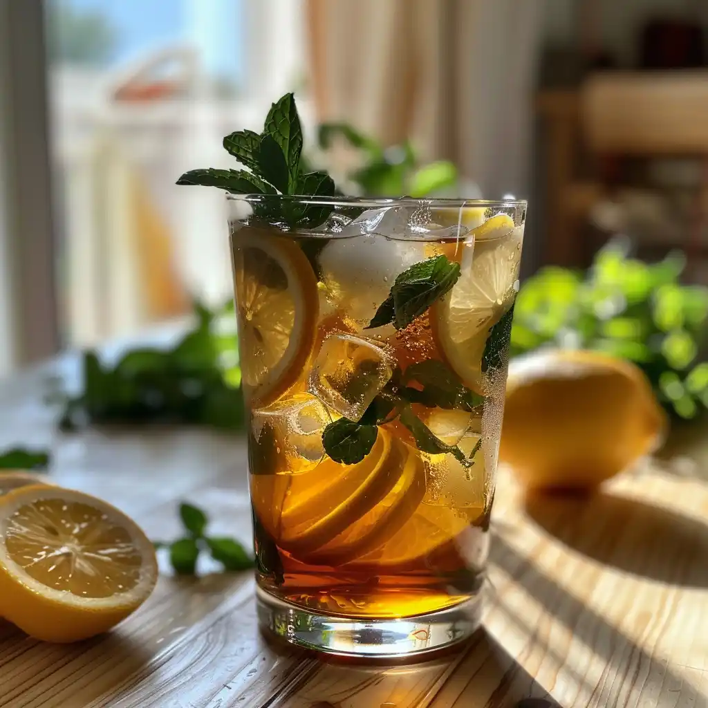 Stirring tea and Sprite together in a glass with lemon and bubbles