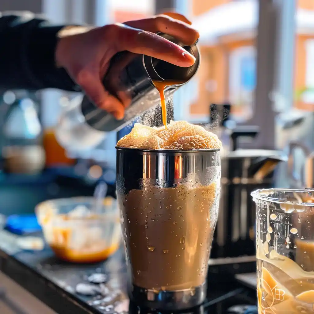 Straining a silky espresso mocktail into a chilled martini glass with thick crema forming