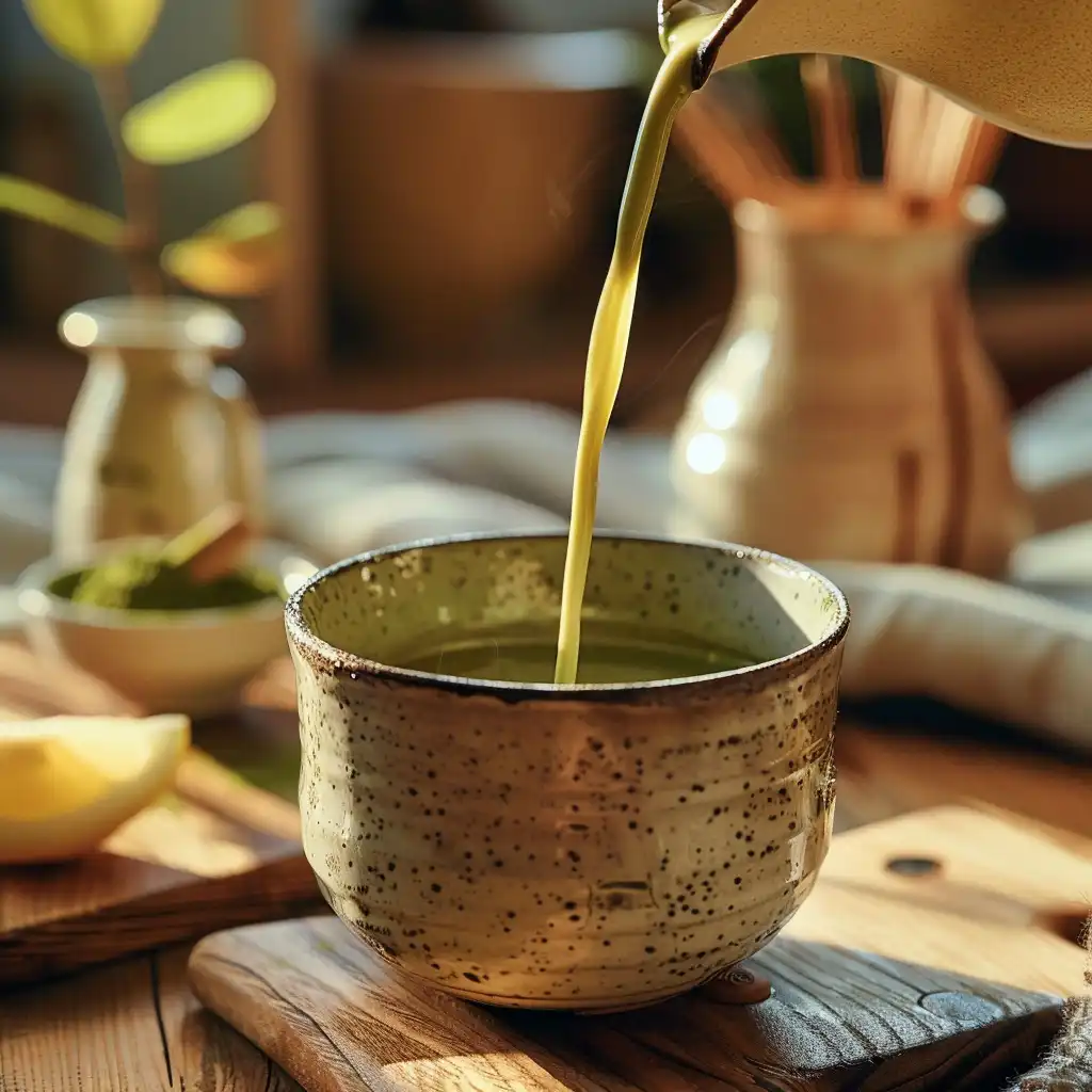 Straining green tea into a ceramic cup with ginger and lemon peel nearby