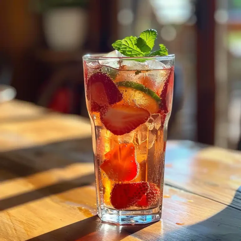 Strawberry-lime homemade soda with mint garnish on ice