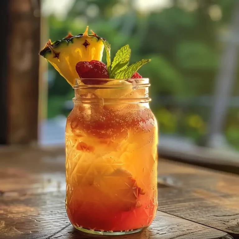 Strawberry pineapple swirl Sprite in a tall glass with fruit garnishes