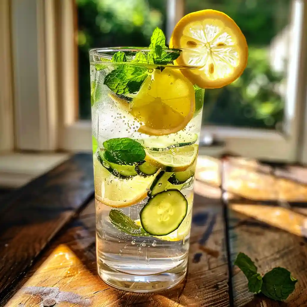 Tall glass of lemon cucumber mint ice water on a rustic kitchen table – refreshing 7 second morning ritual