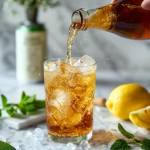 Tea with Sprite served in a glass with a straw and lemon on a picnic table