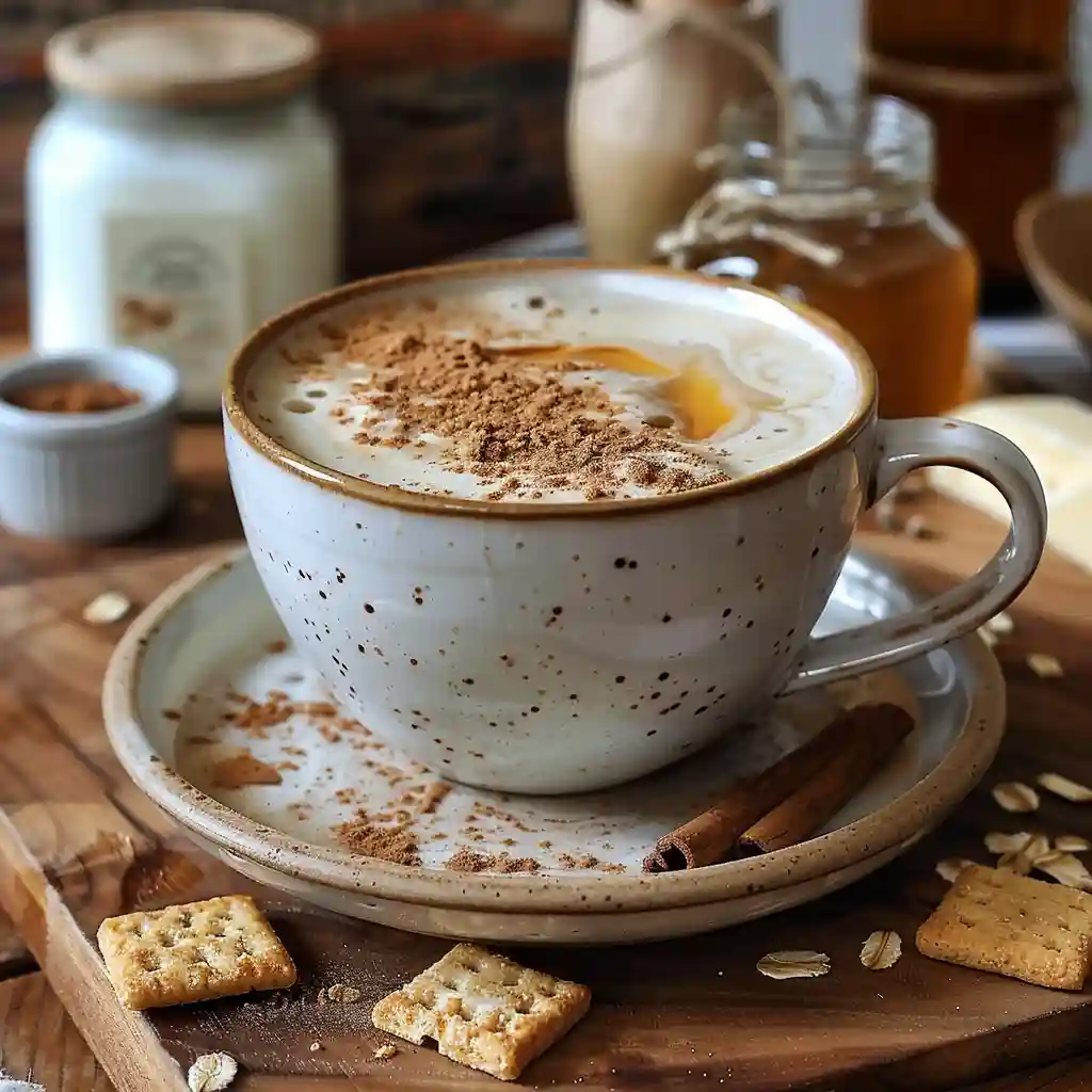 Teddy Graham Latte in a cozy mug with microfoam, cinnamon dust, honey drizzle, and graham cracker crumbs
