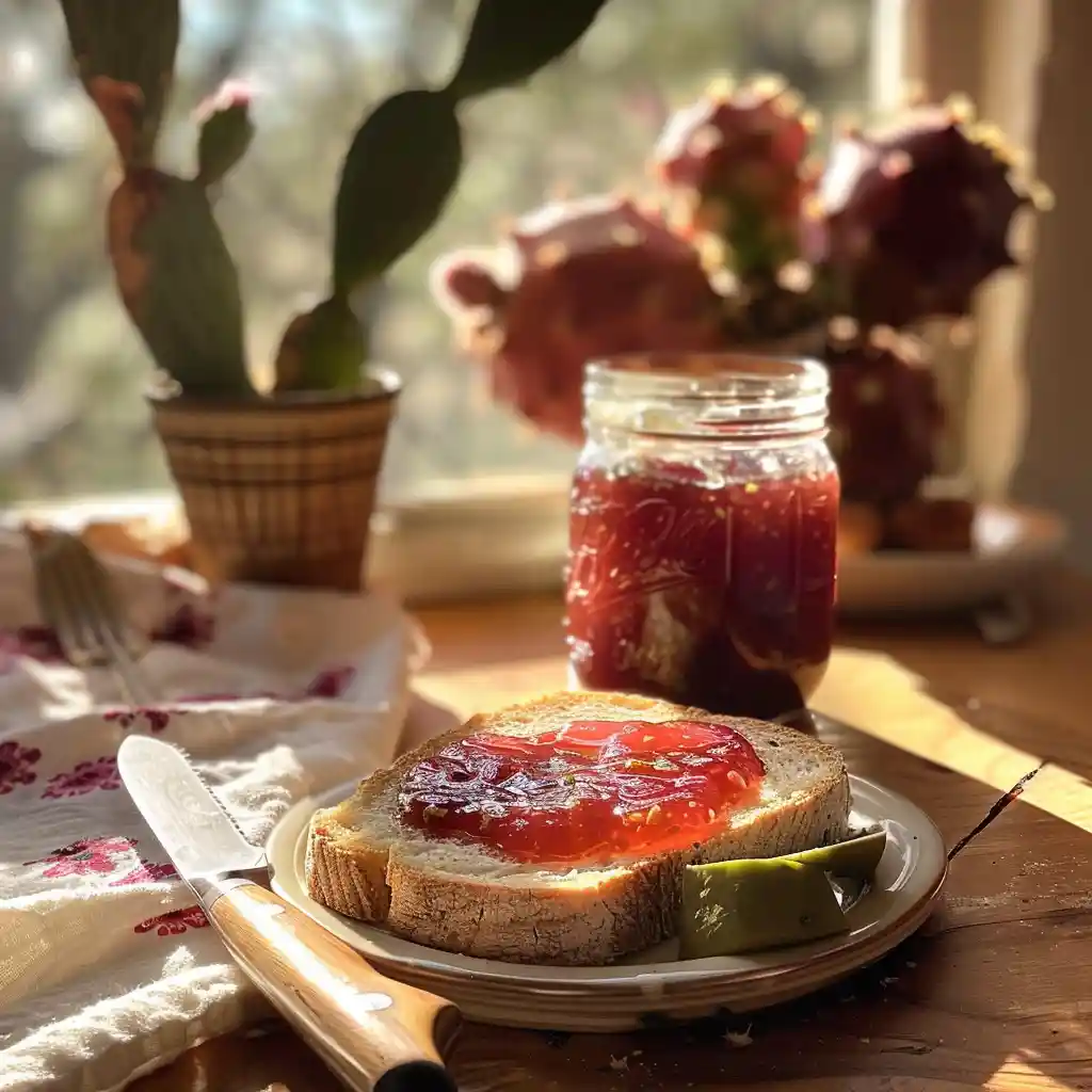 Toast spread with prickly pear jelly on a breakfast table with cactus fruit