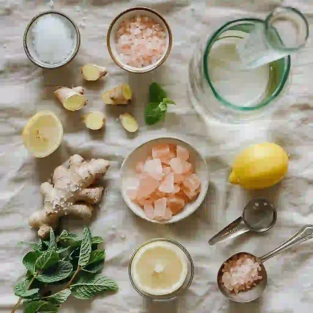 himalayan salt rock salt_Top-down display of ingredients for pink salt hydration drink