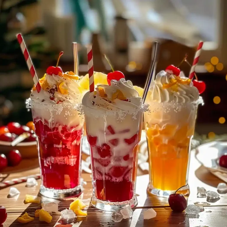 Trio of Italian sodas served in tall glasses with crushed ice, whipped cream peaks, cherries, and citrus zest