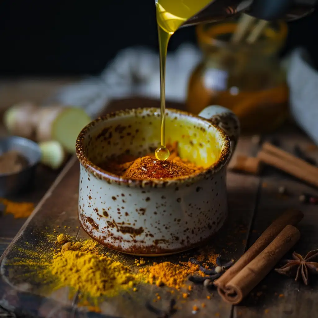 Turmeric and a pinch of black pepper being sprinkled into the honey-filled mug
